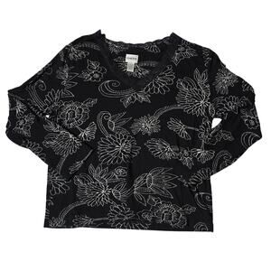 Chico's Top 2 Women's L Black White Floral Stretch Lace-Trim V-Neck Shirt